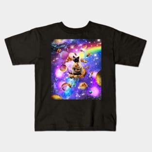 Space Siamese Cat Eating Pizza In Rainbow Galaxy Kids T-Shirt